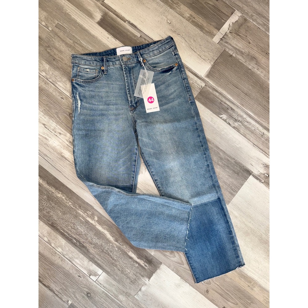 Dear John Frankie Straight Jeans Women Blue Patchwork Raw Hem Distressed Size 28